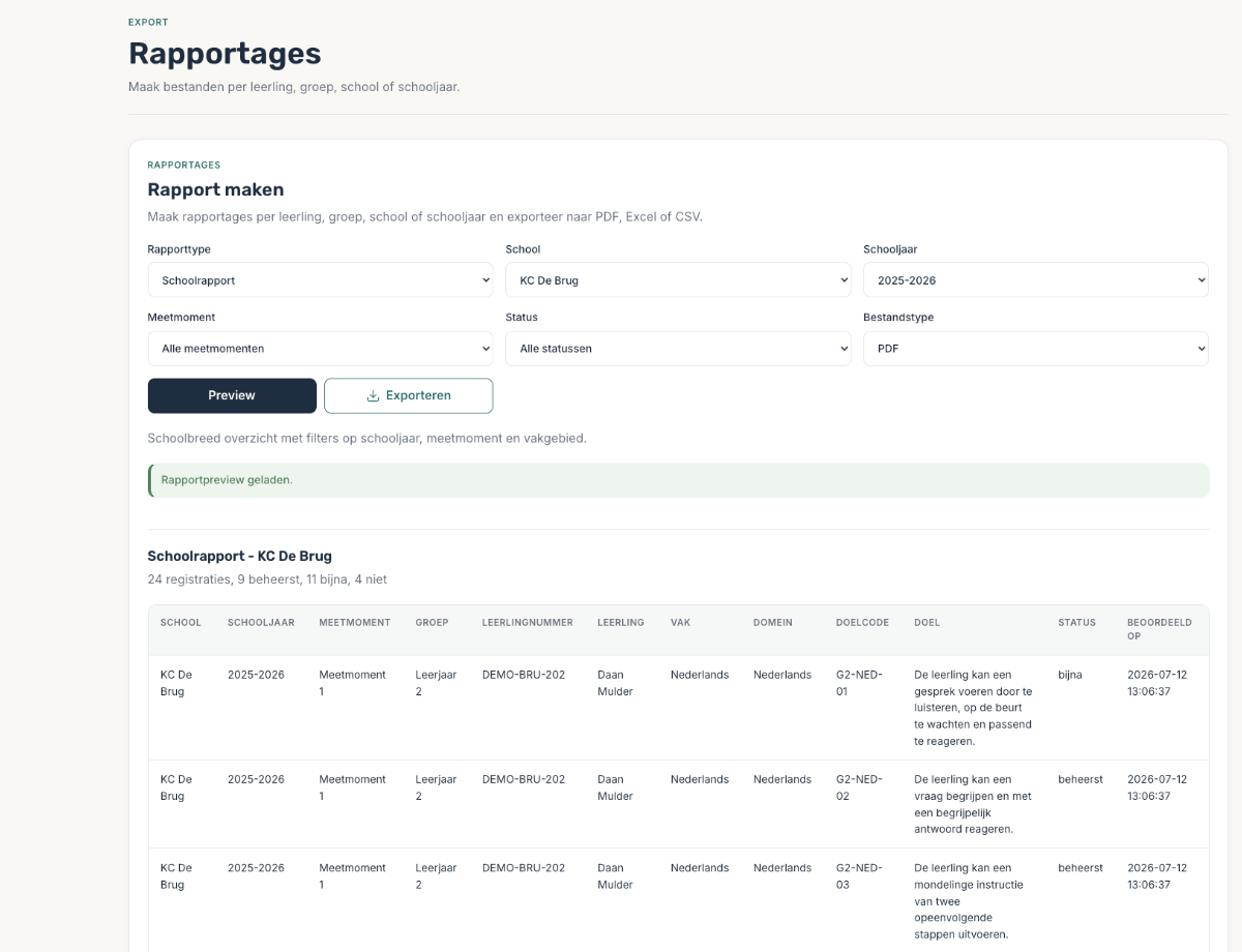 De daadwerkelijke rapportageweergave van LeerSignaal met filters, preview en export naar PDF, Excel of CSV.